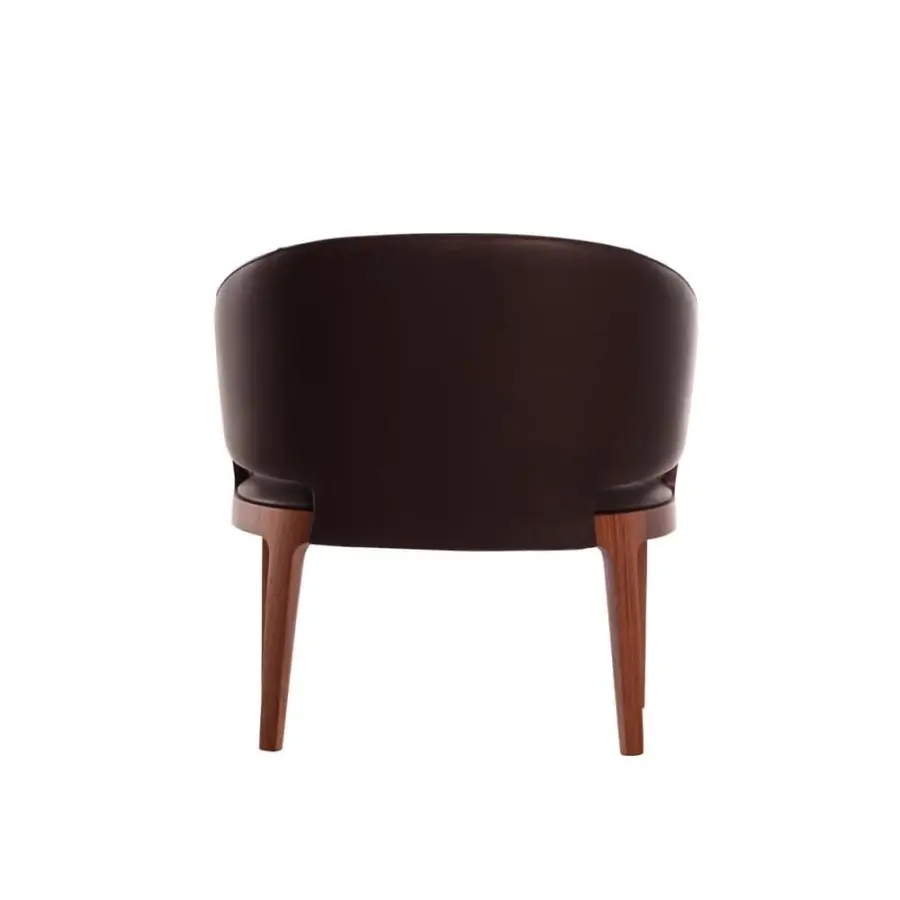 Exclusive Potocco Velis lounge chair with low back in supple dark brown leather and visible Canaletto walnut frame
