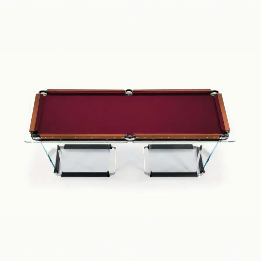 Elegant Teckell Plano T 1.3 pool table crafted with burgundy Simonis® 860™ cloth, low iron tempered glass and Alcantara® inlays