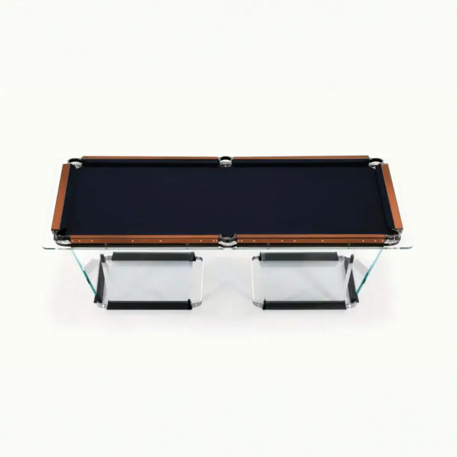 Superior Teckell Plano T 1.3 pool table with dark blue Alcantara® rails and satin-finish reddish-brown solid oak base