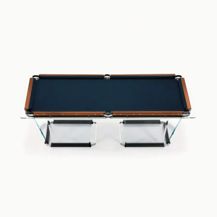 Exclusive Teckell Plano T 1.3 pool table with dark blue Alcantara® rails and matte black solid oak base crafted with chromed metal accents