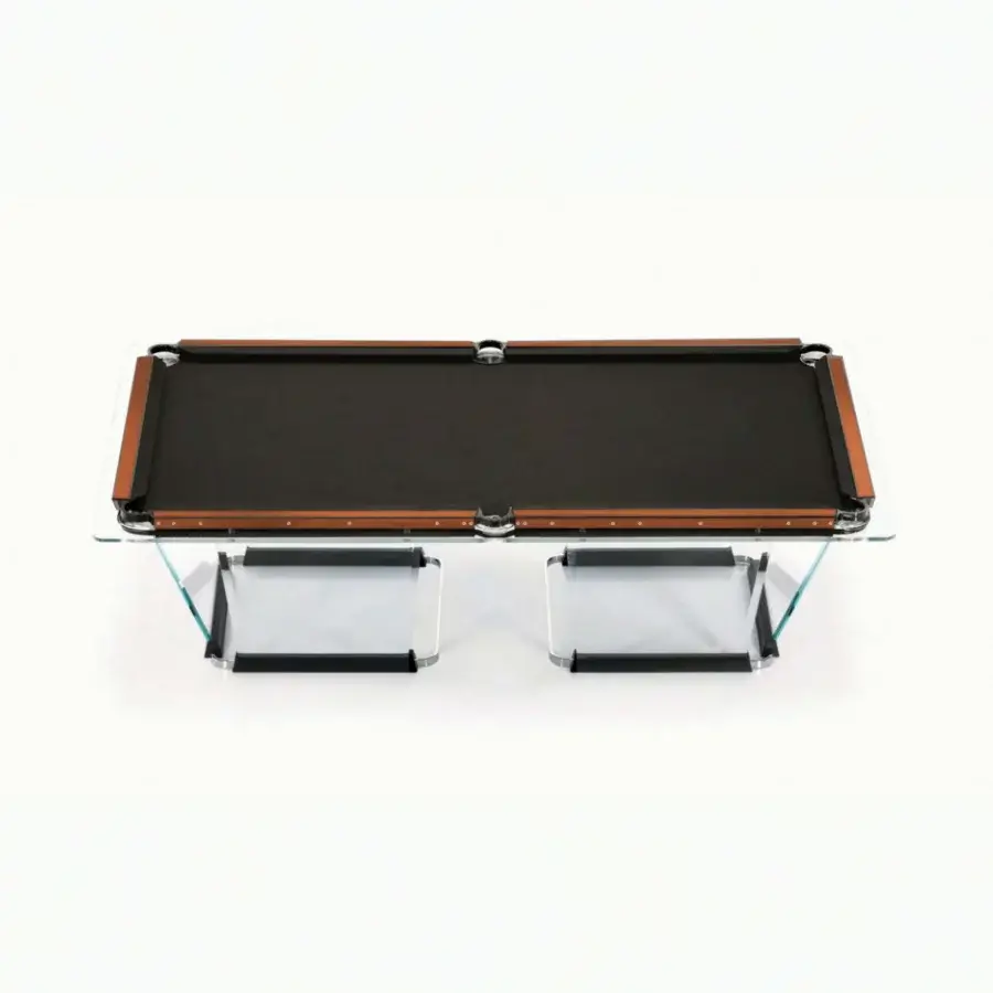 Distinguished Teckell Plano T 1.3 pool table with matte black oak, chromed metal legs and Alcantara® rails showcasing glass construction