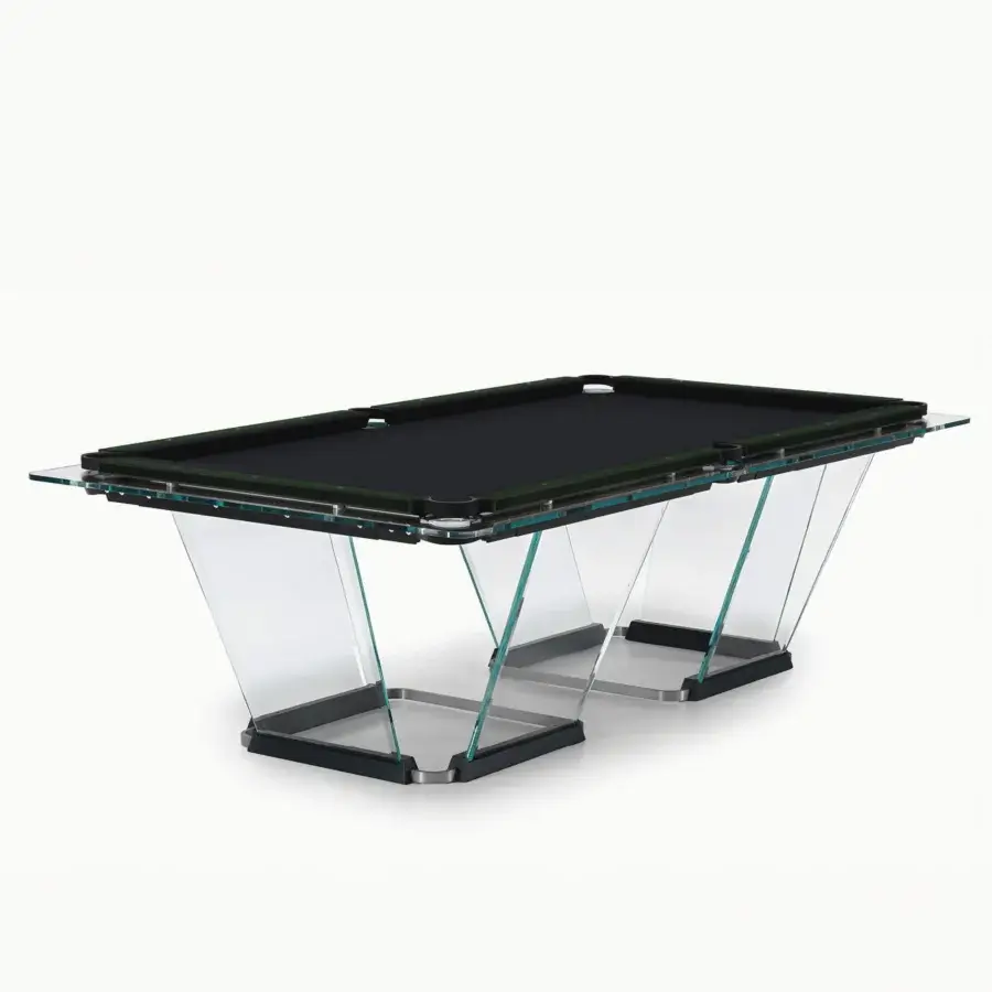Superior Teckell Plano T 1.3 pool table crafted with aluminum, Alcantara® and solid oak with chromed accents and low iron tempered glass