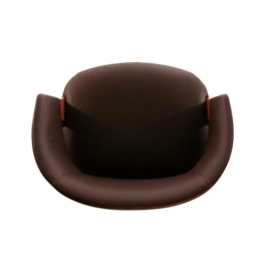 Lavish Potocco Velis lounge chair with rounded form upholstered in smooth deep brown material and Canaletto walnut frame
