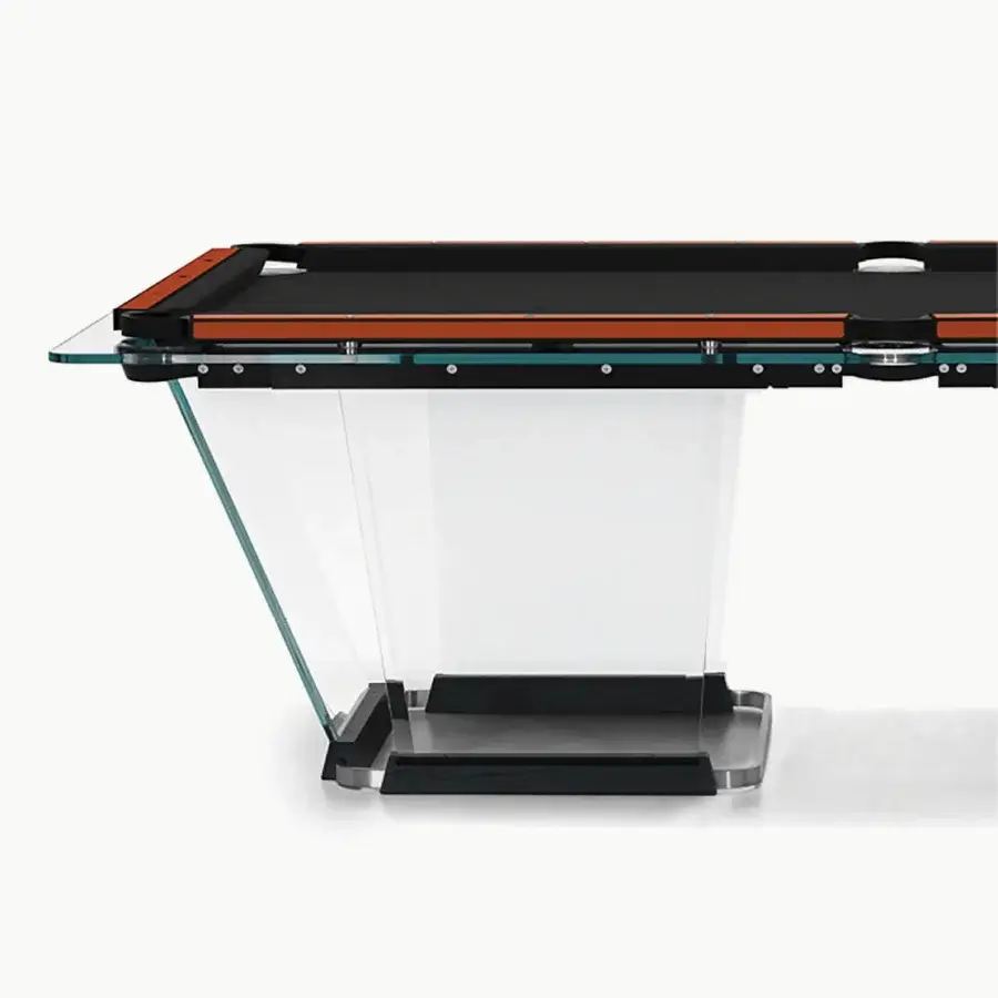 Sophisticated Teckell Plano T 1.3 pool table with matte black solid oak, chromed metal and Alcantara® inlaid rails