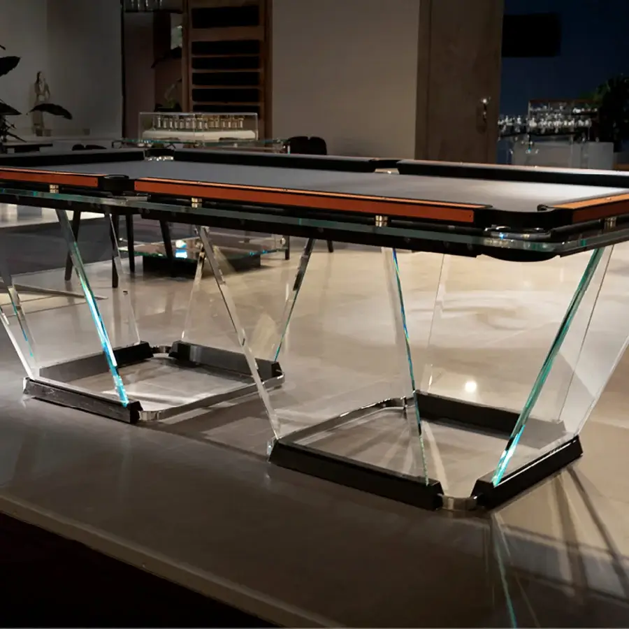 Lavish Teckell Plano T 1.3 pool table with dark blue Simonis® 860™ cloth and Alcantara® inlays in solid aluminum rails
