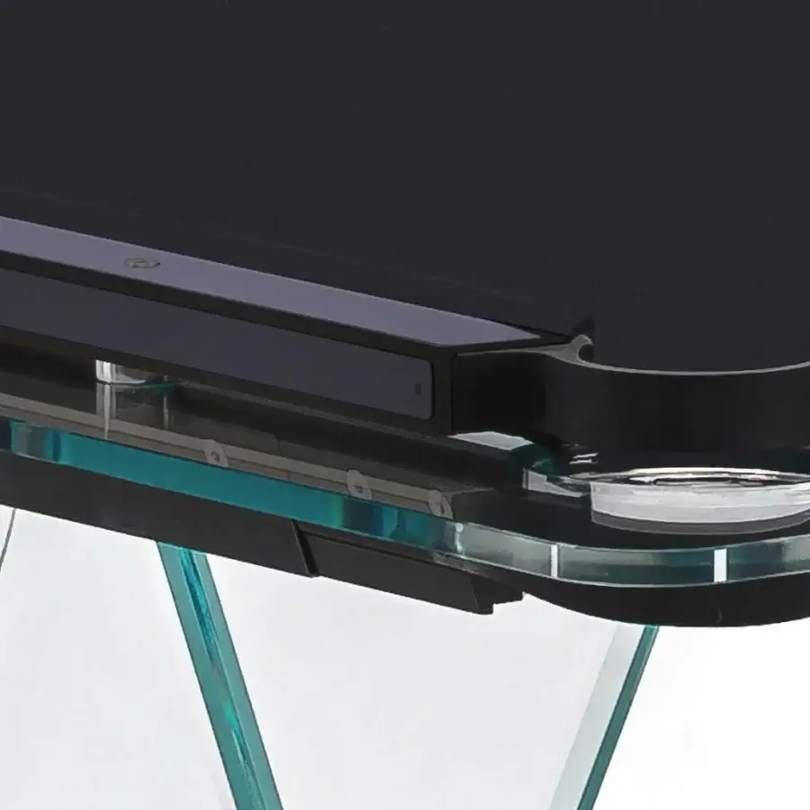 Distinguished Teckell Plano T 1.3 pool table with low iron tempered glass and Alcantara® rails in dark matte black and teal tones