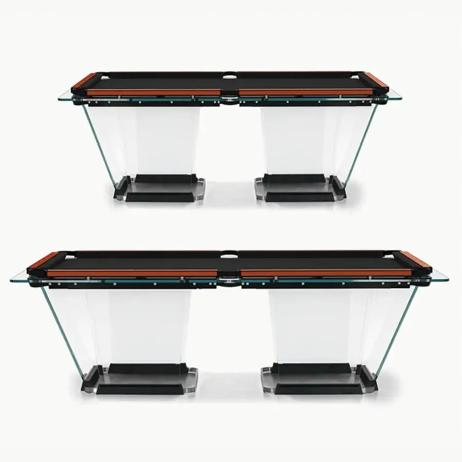 Captivating Teckell Plano T 1.3 pool table with vibrant orange Alcantara® inlays and a matte black solid oak base crafted in low iron tempered glass