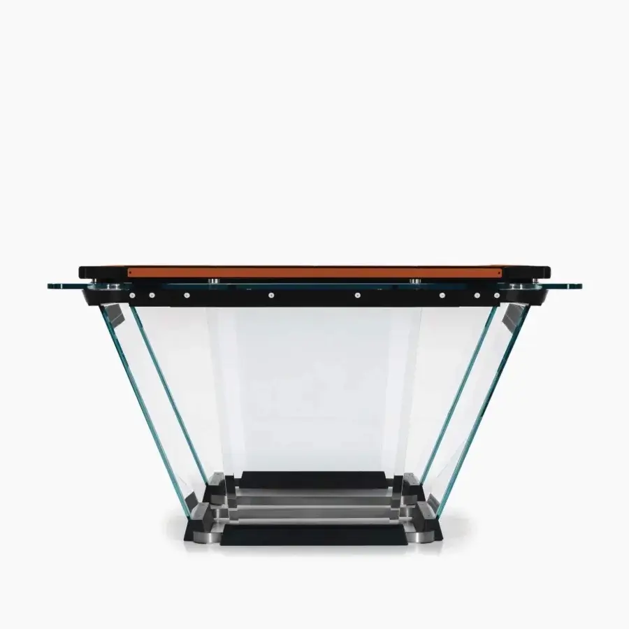 Distinguished Teckell Plano T 1.3 pool table with dark brown Alcantara playing surface and crystal legs built with a matte black solid oak base