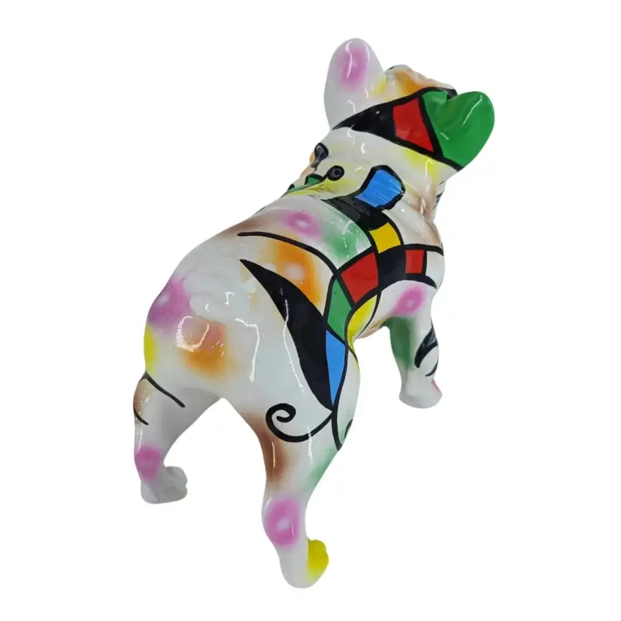 Distinguished Juliarte French Bulldog - Miró II sculpture with vibrant geometric patterns in stone powder and fiberglass, glossy finish