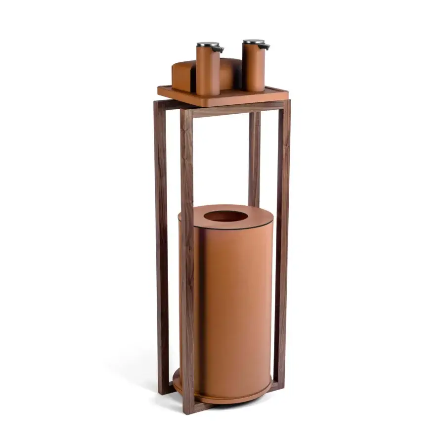Elegant Pinetti Igea sanitizing set in walnut wood with terracotta regenerated leather pumps, tray, tissue box and waste bin