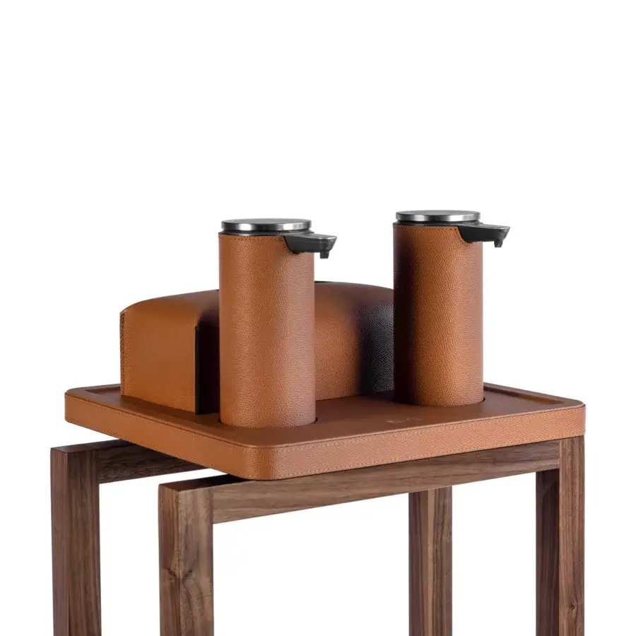 Distinguished Pinetti Igea sanitizing set crafted in walnut wood with warm brown regenerated leather and sleek finish