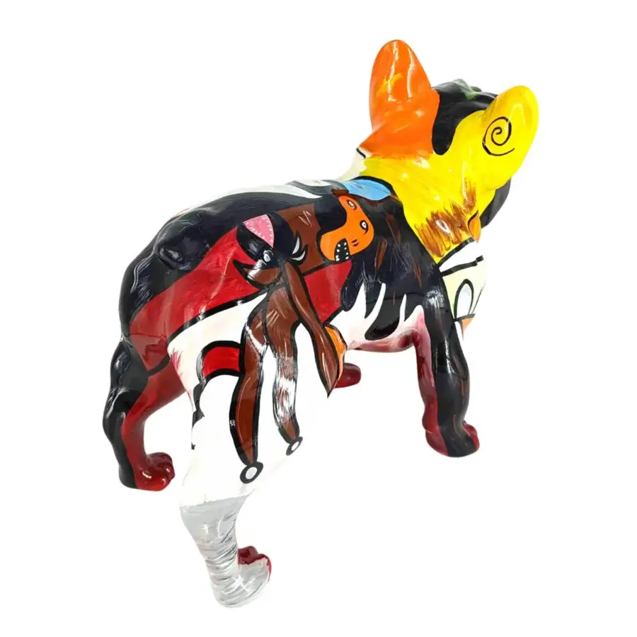 Distinguished Juliarte French Bulldog sculpture crafted in vibrant cubist style from stone powder and fiberglass with hand-painted finish