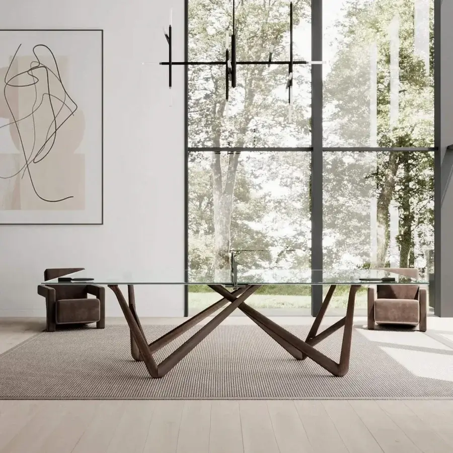 Exceptional Teckell Effetto 71 table crafted with low iron tempered glass and solid Canaletto Walnut wood with a satin finish
