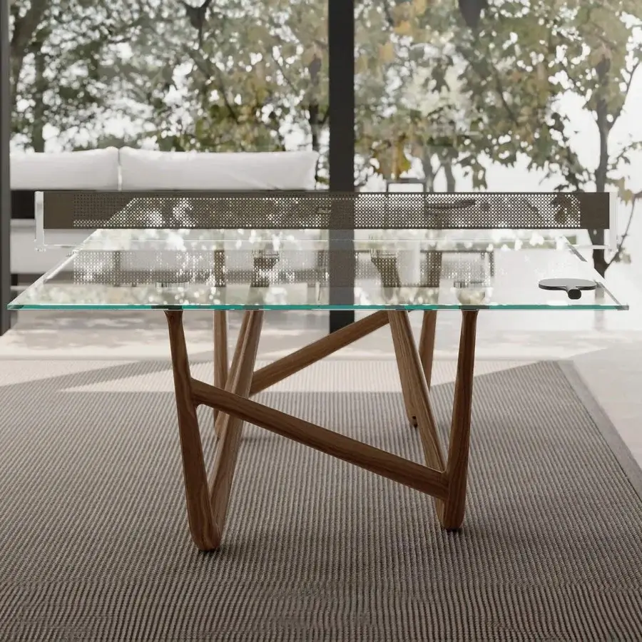 Elegant Teckell Effetto 71 table crafted with low iron tempered glass and solid Canaletto Walnut wood with a satin finish