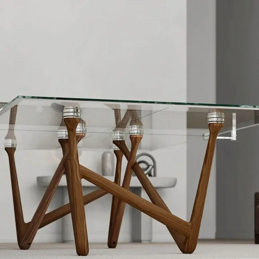 Distinguished Teckell Effetto 71 table with a low iron tempered glass playing surface and solid Canaletto Walnut wood legs
