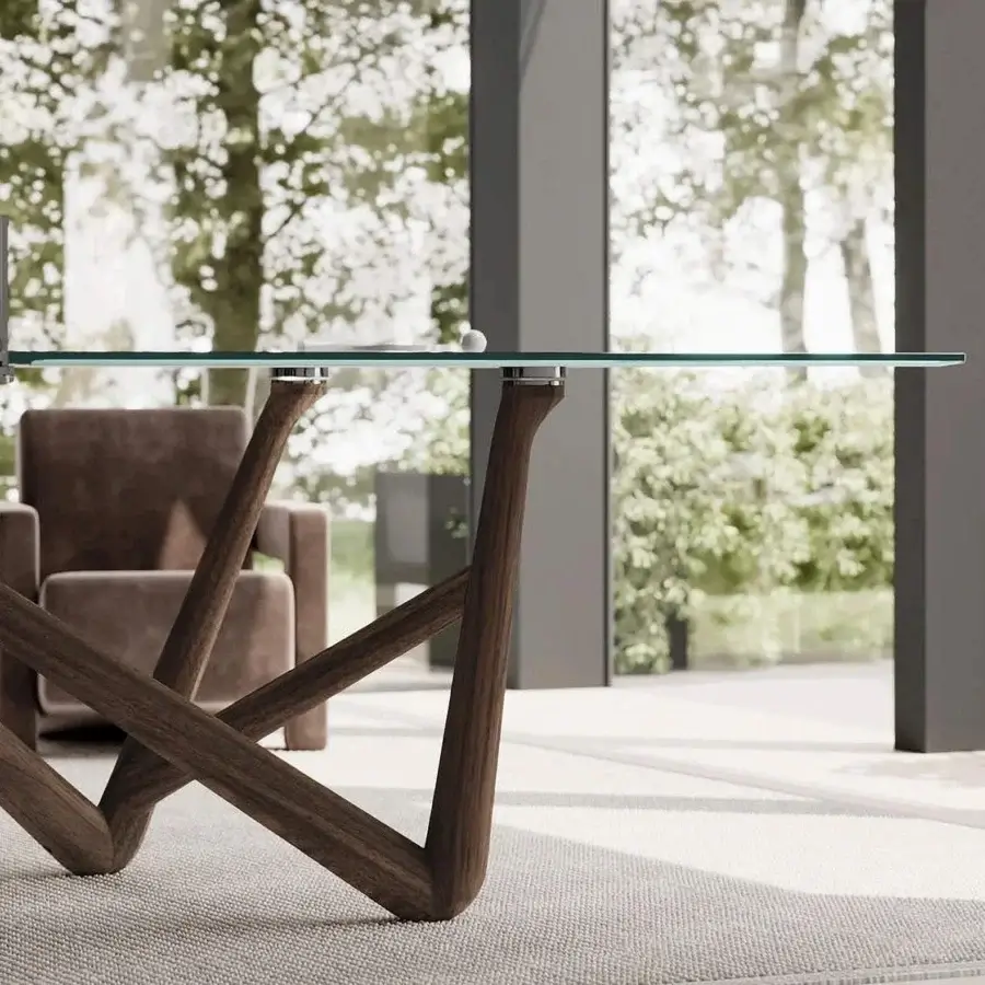 Exceptional Teckell Effetto 71 table with clear tempered glass and polished cerium oxide, built with Canaletto Walnut wood legs in satin finish