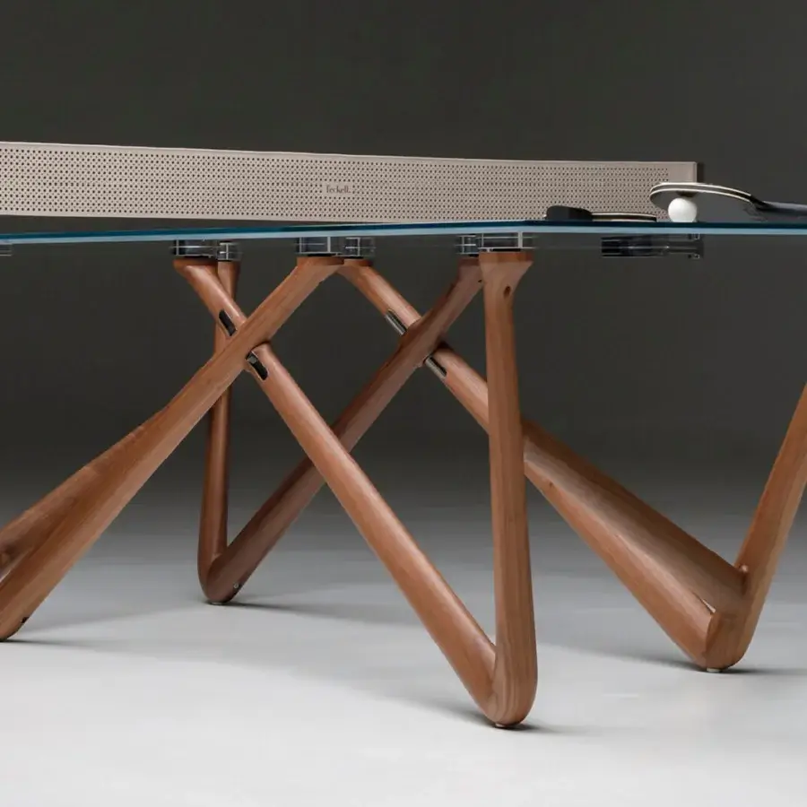 Elegant Teckell Effetto 71 table crafted with low iron tempered glass and Canaletto Walnut wood legs in a satin finish