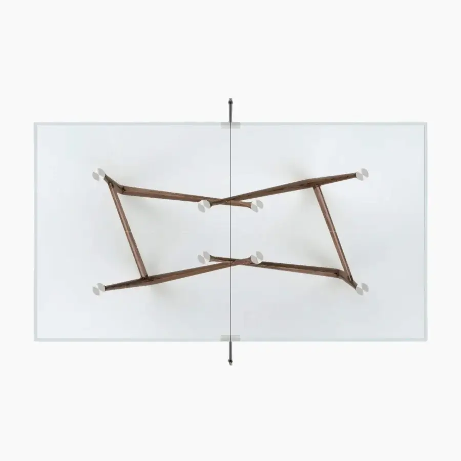 Superior Teckell Effetto 71 table built with low iron tempered glass and a satin Canaletto Walnut wood base