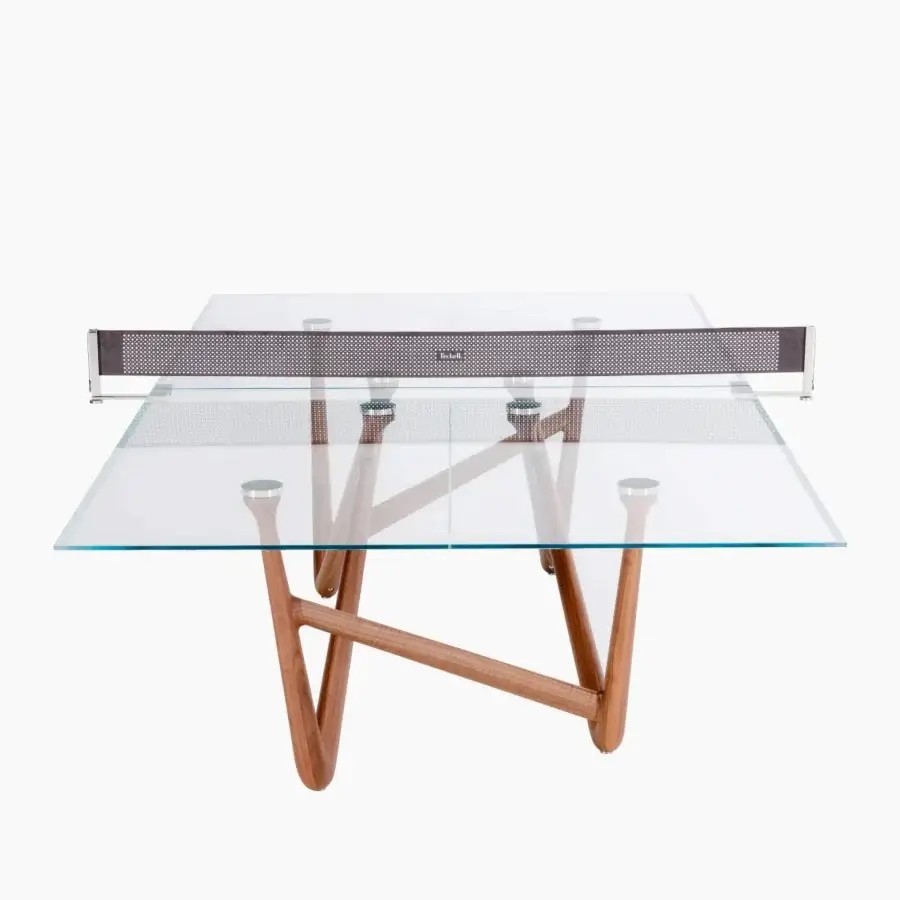 Elegant Teckell Effetto 71 table crafted with low iron tempered glass and polished Canaletto Walnut wood legs