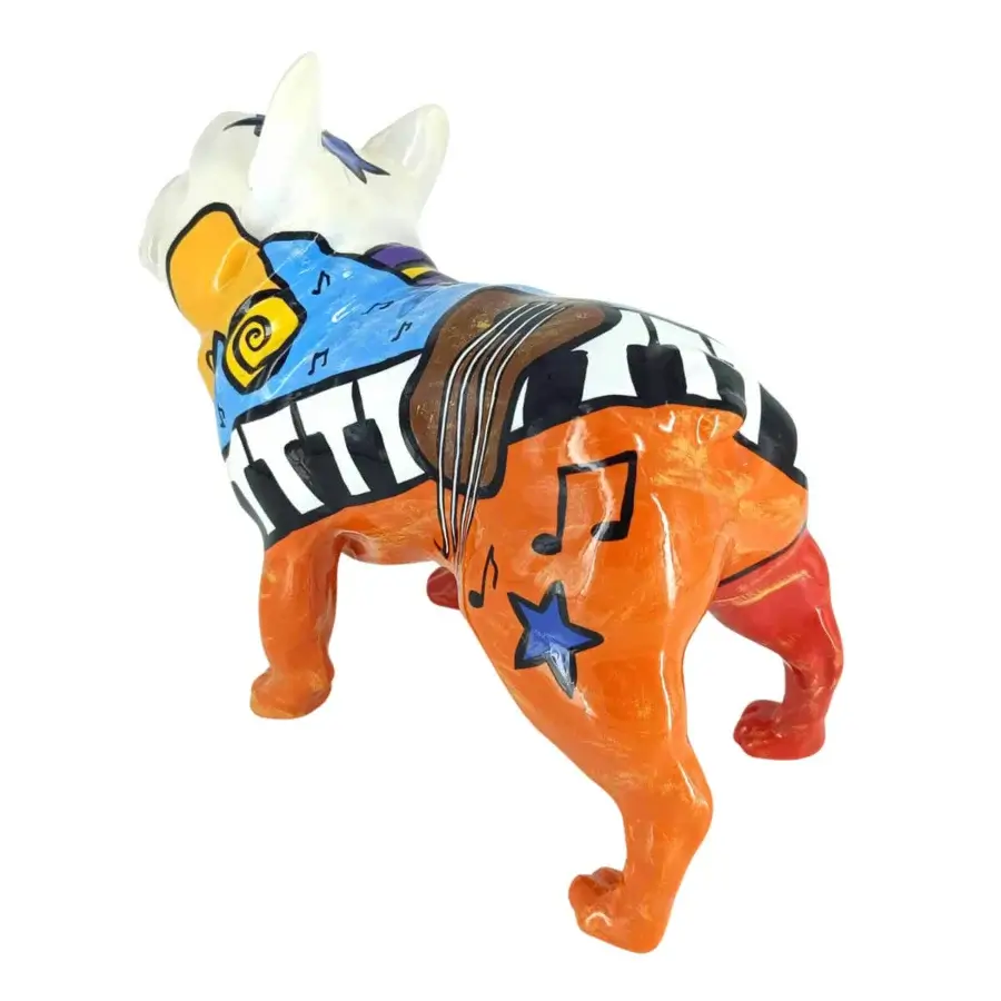 Exceptional Juliarte French Bulldog - Picasso Piano sculpture hand-painted in vibrant orange and white with a glossy finish crafted from stone powder and fiber glass
