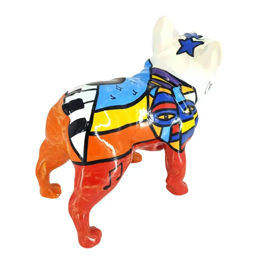 Distinguished Juliarte French Bulldog - Picasso Piano sculpture hand-painted with vibrant cubist style in stone powder and fiberglass with glossy finish