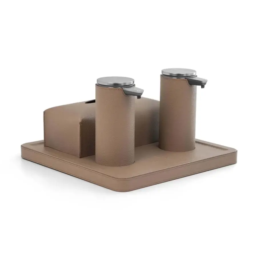 Superior Pinetti Igea sanitizing set crafted in textured leather with rechargeable sensor dispensers and a coordinating tray in neutral beige