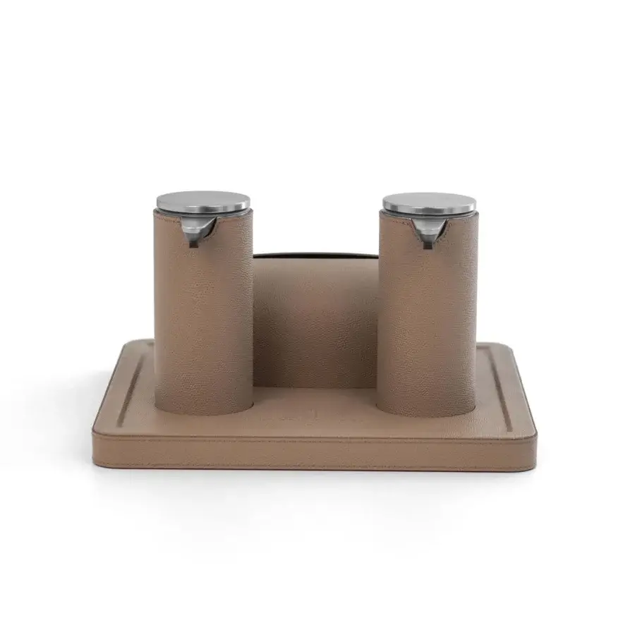 Elegant Pinetti Igea sanitizing set built in textured leather with rechargeable sensor dispensers and tray