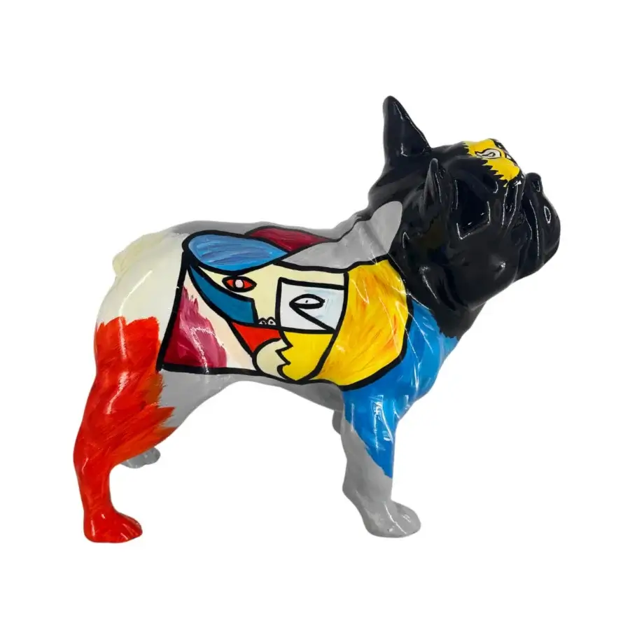 Exclusive Juliarte French Bulldog sculpture crafted in vibrant cubist style from stone powder and fiberglass with a glossy finish