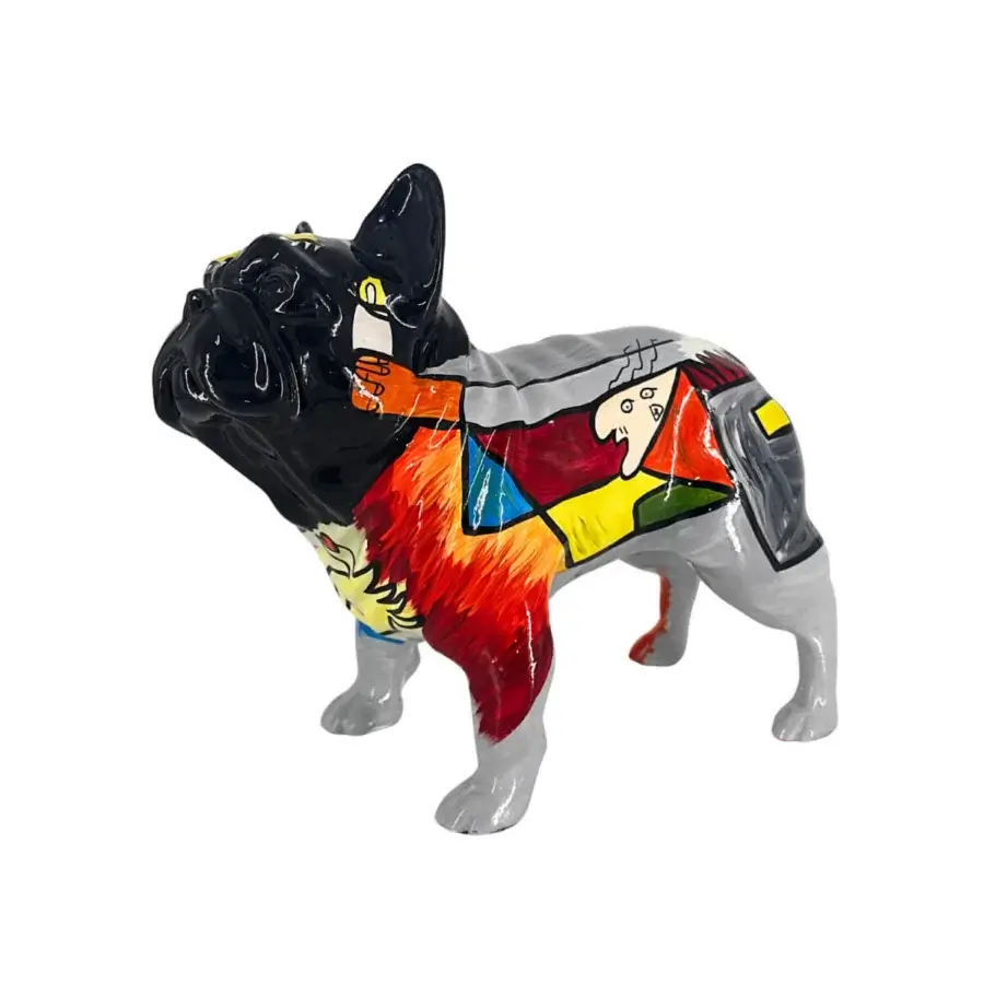 Distinctive Juliarte French Bulldog sculpture handcrafted in cubist style from stone powder and fiberglass with vibrant painted planes