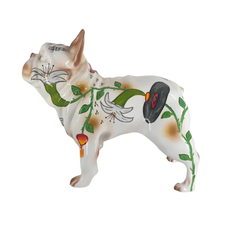 Exclusive Juliarte French Bulldog sculpture handcrafted in stone powder and fiber glass with glossy white finish and colorful details