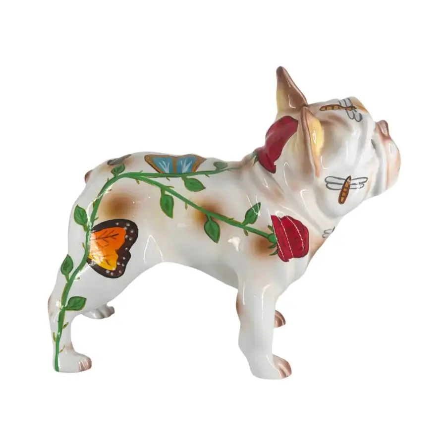 Distinguished Juliarte French Bulldog sculpture hand-painted with roses, butterflies and a dragonfly in stone powder and fiber glass with glossy finish