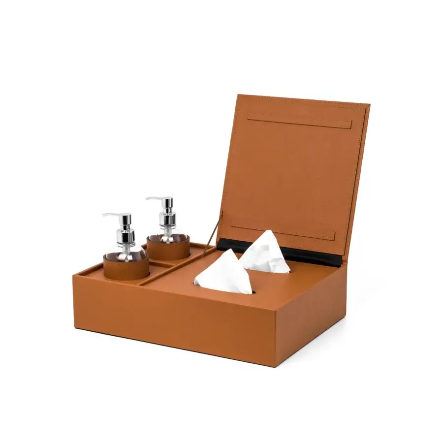 Elegant Pinetti Igea sanitizing set crafted in leatherette with silver-toned dispensers and a subtly textured finish