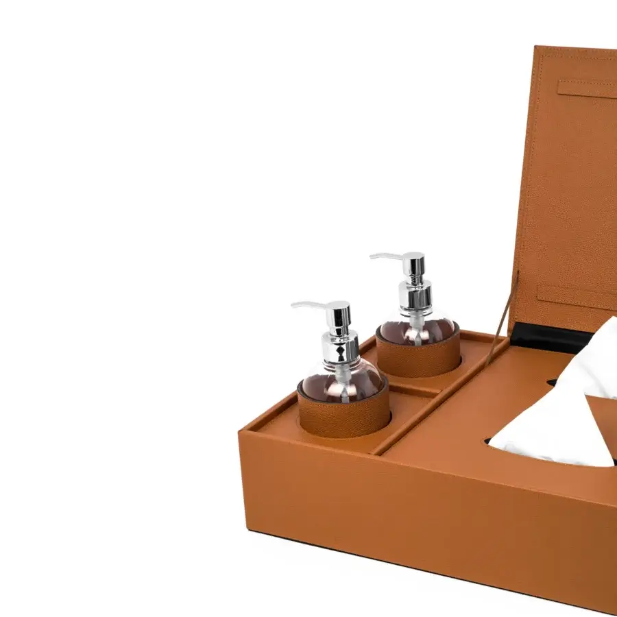 Distinguished Pinetti Igea sanitizing set crafted in textured synthetic material with a warm medium-tone brown finish