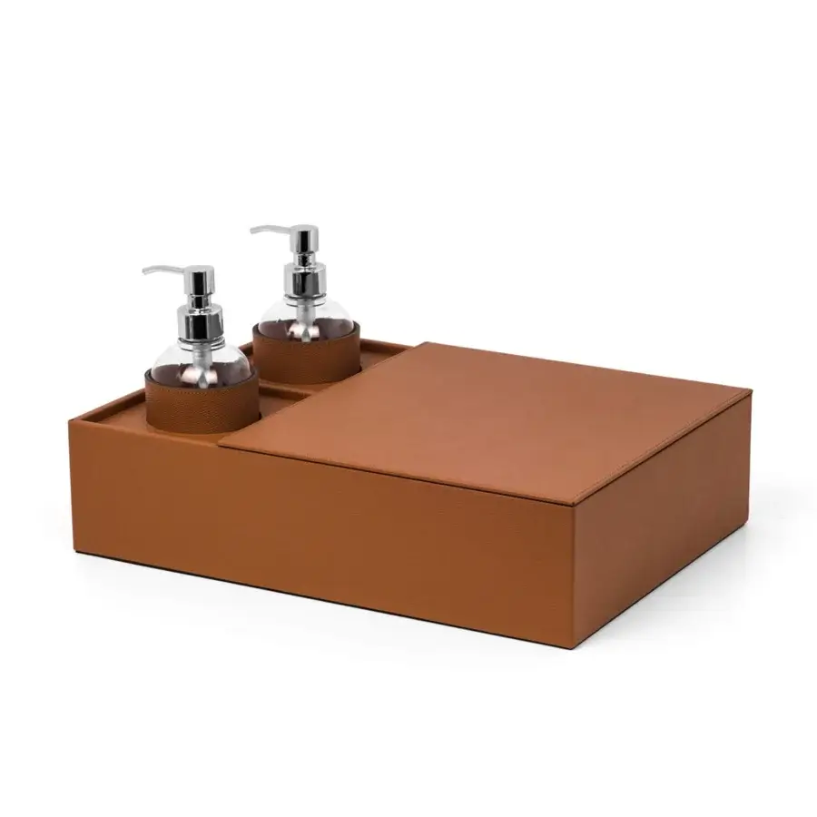 Superior Pinetti Igea sanitizing set crafted in textured synthetic material with a matte finish and warm brown color palette