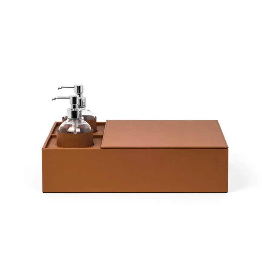 Exceptional Pinetti Igea sanitizing set crafted in leather-like material with a polished silver metallic pump dispenser
