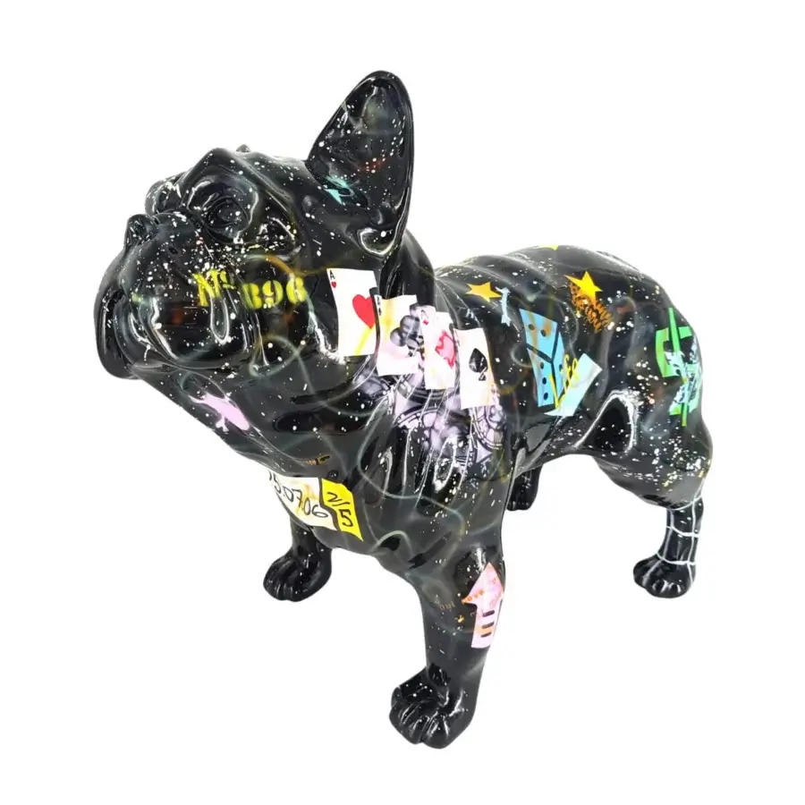 Distinguished Juliarte French Bulldog sculpture crafted in stone powder and fiberglass with glossy black finish and vibrant collage