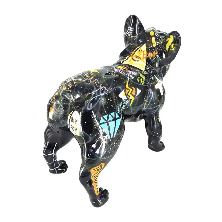Exceptional Juliarte French Bulldog sculpture crafted in stone powder and fiberglass with glossy black finish and vibrant diamond motifs