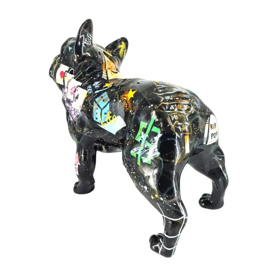 Lavish Juliarte French Bulldog sculpture crafted in stone powder and fiberglass with glossy black finish and chaotic diamond elements
