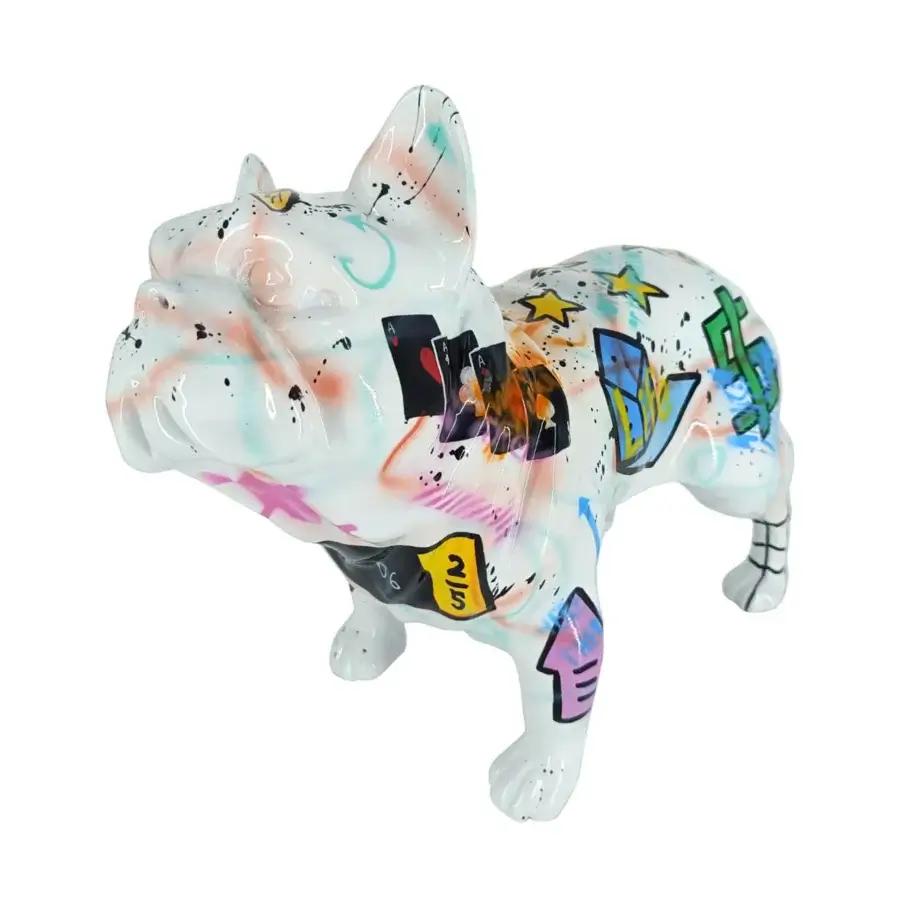 Distinguished Juliarte French Bulldog sculpture crafted from stone powder and fiber glass with glossy white and vibrant graffiti finish