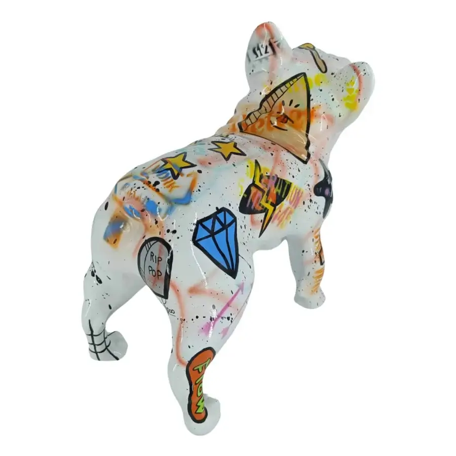 Exceptional Juliarte French Bulldog sculpture crafted from stone powder and fiberglass with vibrant graffiti-inspired design and glossy finish