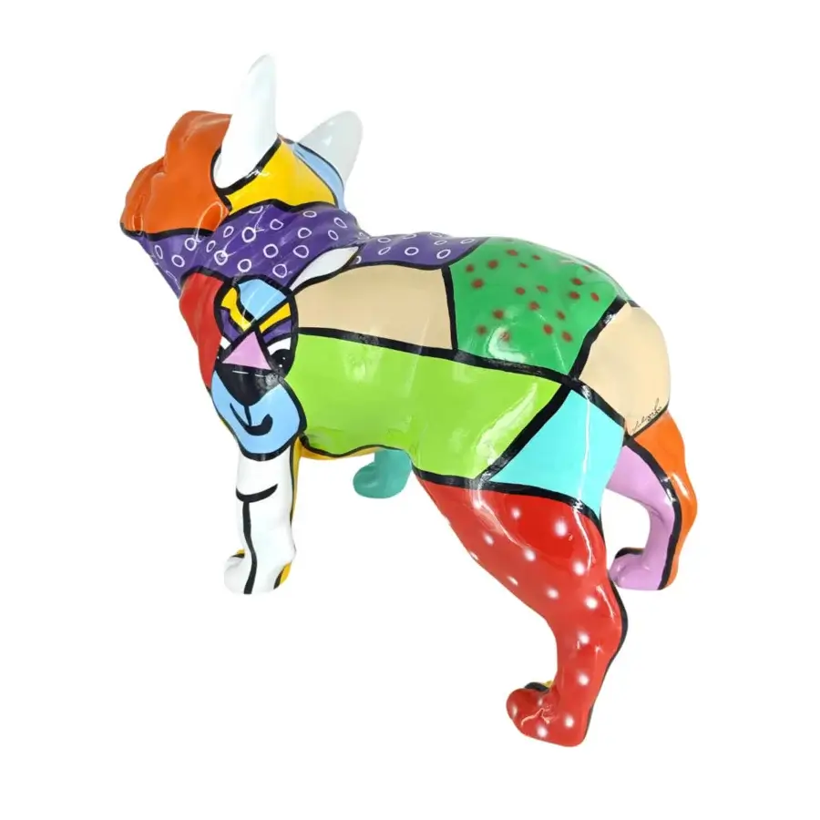 Exclusive Juliarte French Bulldog sculpture crafted from stone powder and fiberglass with vibrant geometric patches and a hand-painted finish