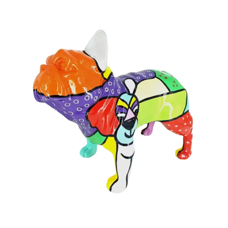 Distinguished Juliarte French Bulldog sculpture crafted from stone powder and fiberglass with vibrant color blocking and glossy finish