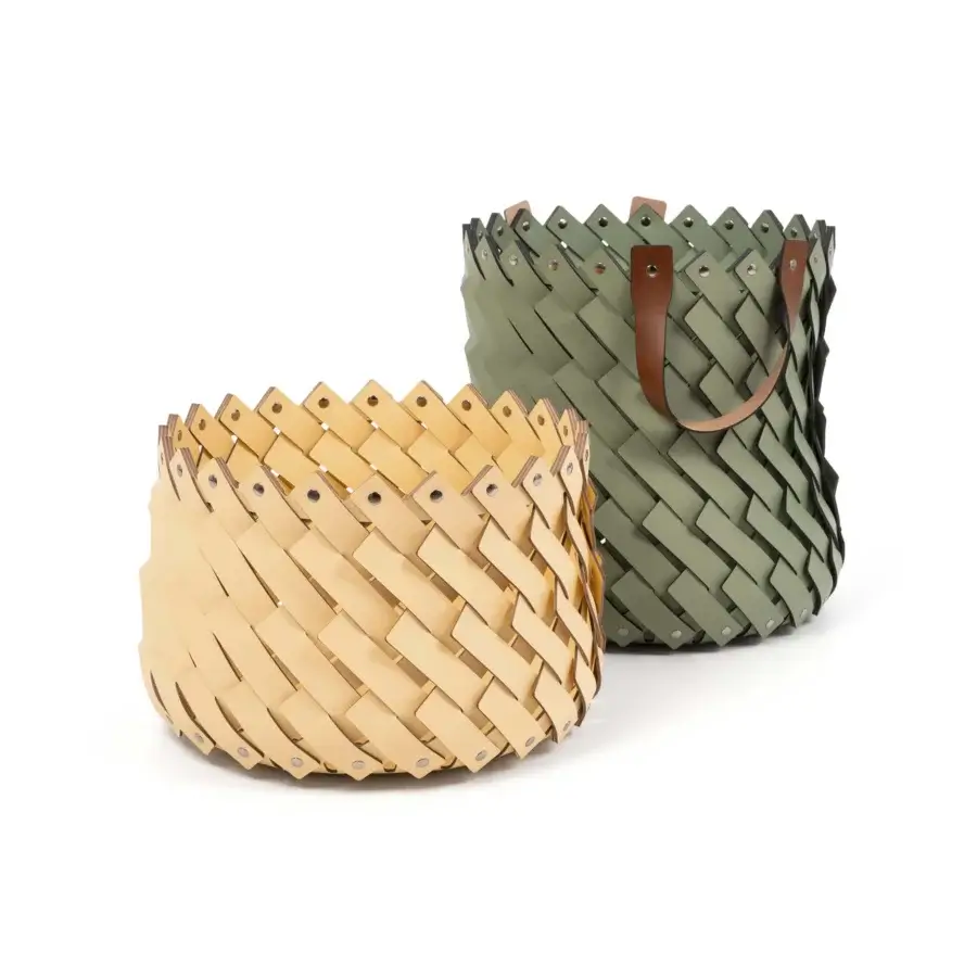 Exceptional Pinetti Almeria baskets crafted from regenerated leather in pale yellow and muted olive green with geometric patterns