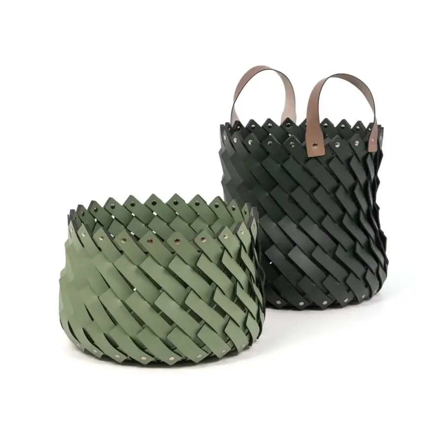 Distinguished Pinetti Almeria baskets hand-woven from eco-friendly regenerated leather with gradient sage to forest green tones and wooden handles