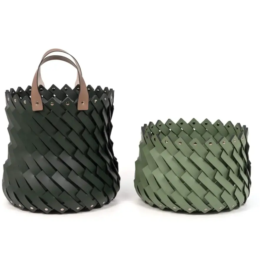 Exceptional Pinetti Almeria baskets hand-woven from eco-friendly regenerated leather in a muted green hue with handles