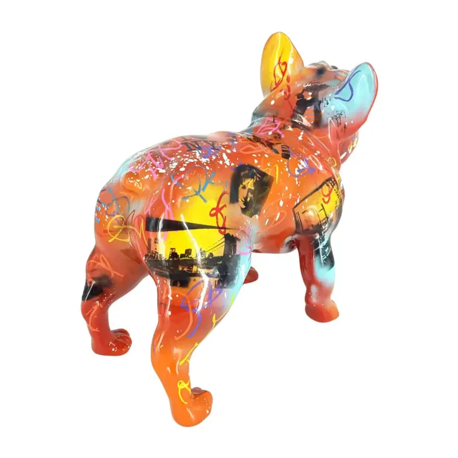 Distinguished Juliarte French Bulldog City Graf sculpture crafted from stone powder and fiber glass with vibrant orange gradient and graffiti markings