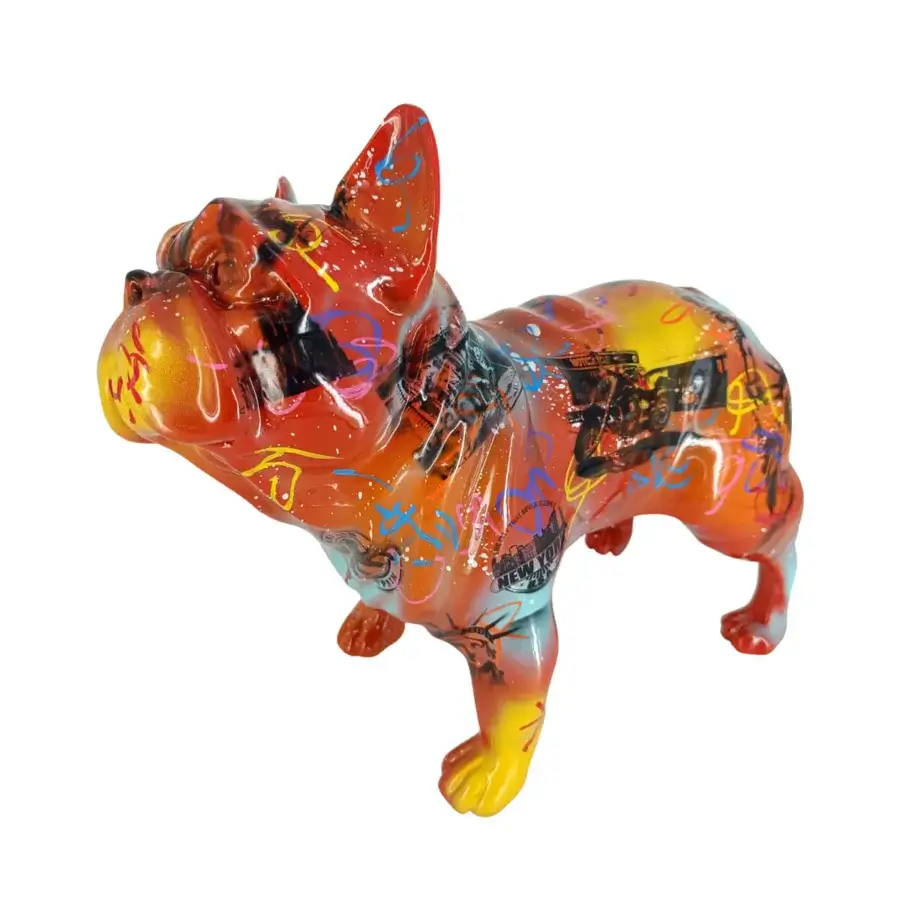 Exclusive Juliarte French Bulldog City Graf sculpture crafted in stone powder and fiberglass with a glossy, contemporary cityscape design