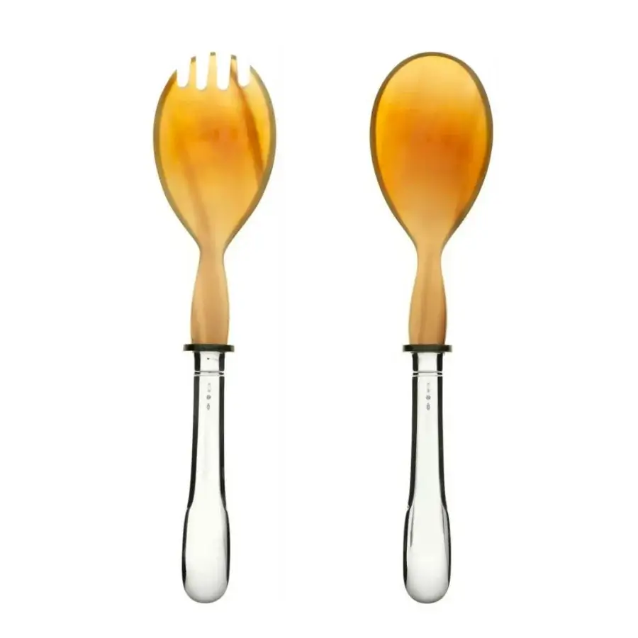 Distinguished Schiavon Scudo salad serving cutlery set crafted from silver-plated alpaca with translucent amber tops and hand finish in Italy