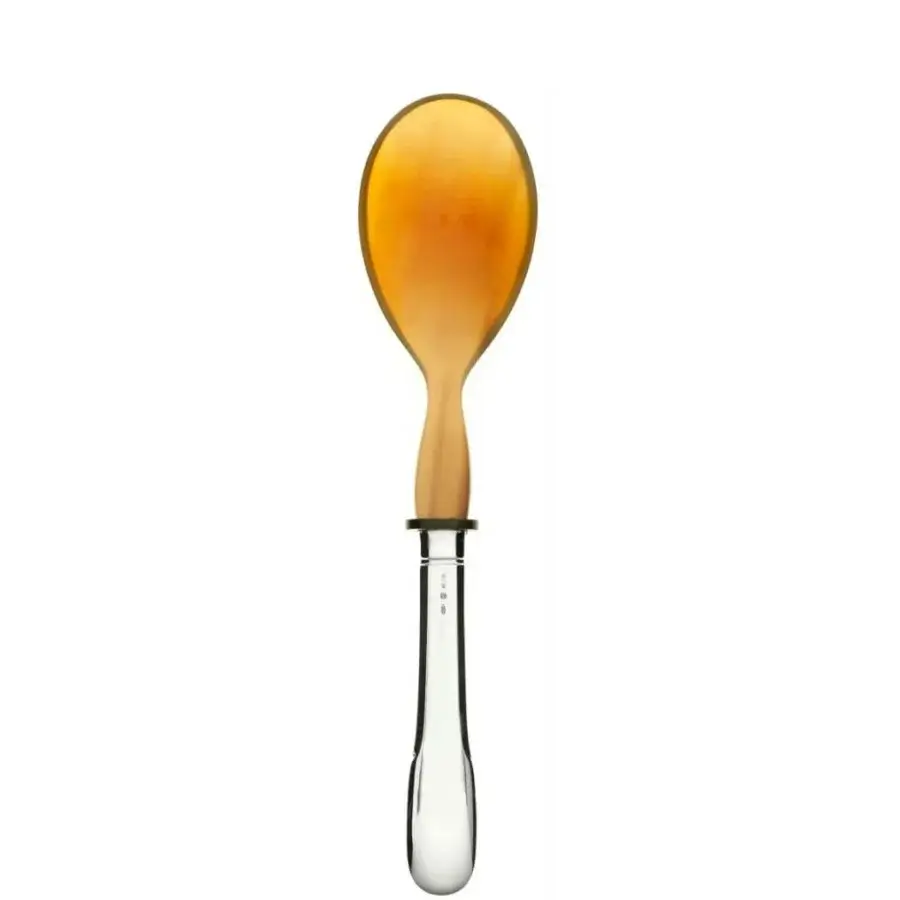 Elegant Schiavon Scudo salad serving cutlery with amber translucent bowls and bright polished silver-plated alpaca handles crafted in Italy