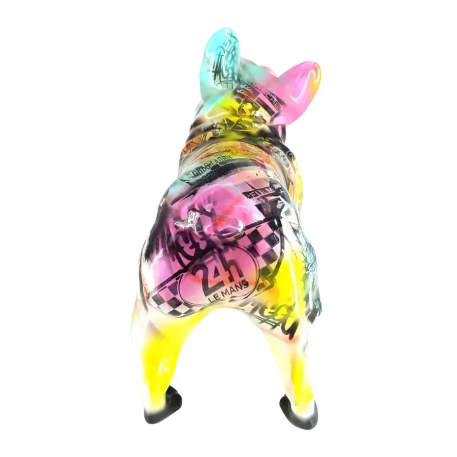 Distinctive Juliarte French Bulldog sculpture hand-painted with racing-inspired shades in stone powder and fiberglass with glossy finish